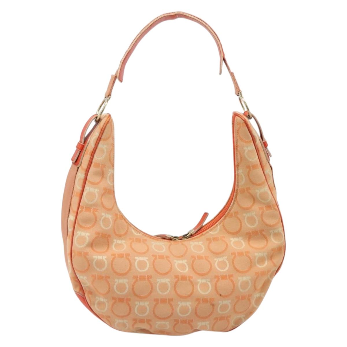 Salvatore Ferragamo Gancini Shoulder Bag Canvas Orange Gold Auth 186826