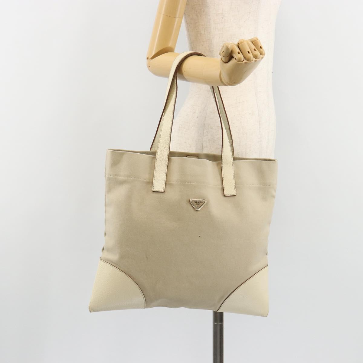 PRADA Tote Bag Canvas Beige Silver Auth 186830