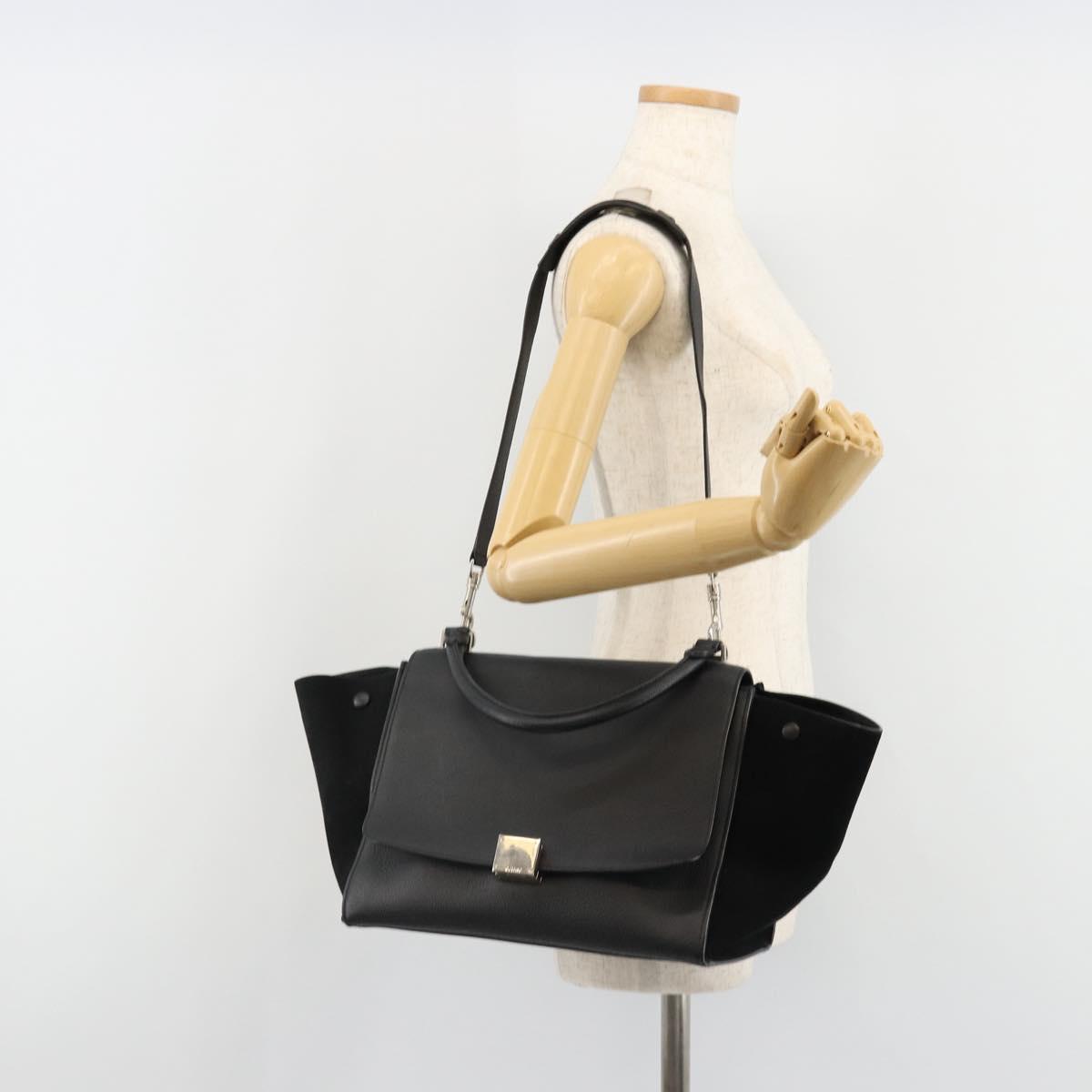 CELINE Trapeze Hand Bag Leather Suede Black Silver Auth 186832V