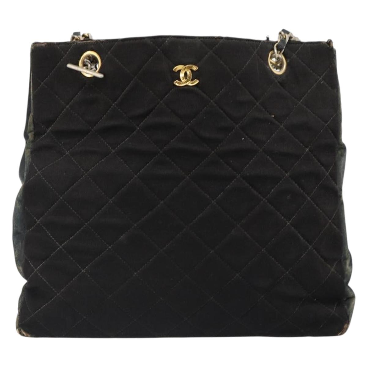 CHANEL Chain Shoulder Bag Cotton Black Gold CC Auth 186834