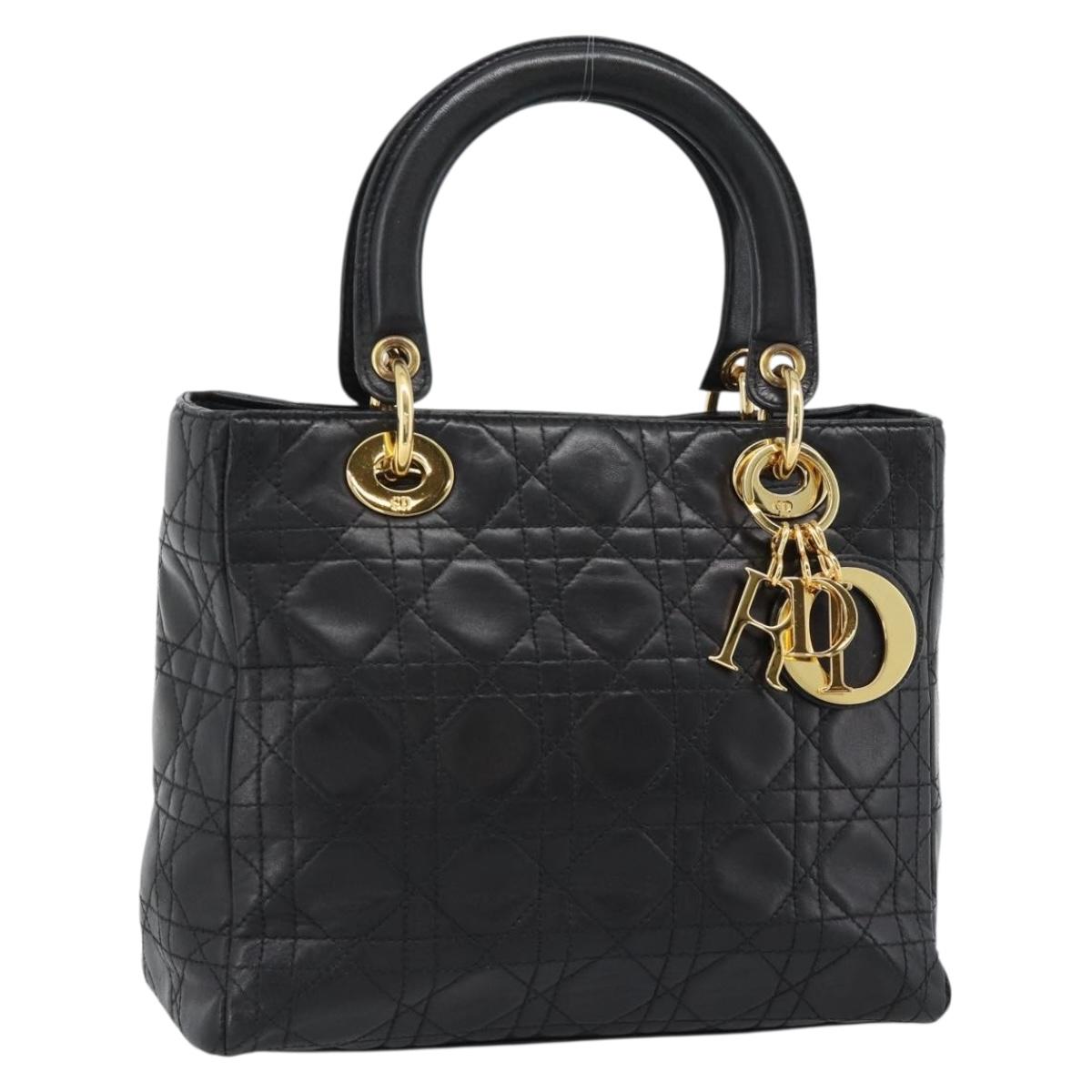 Christian Dior Lady Dior Hand Bag Lamb Skin Black Gold Auth 186836SAV
