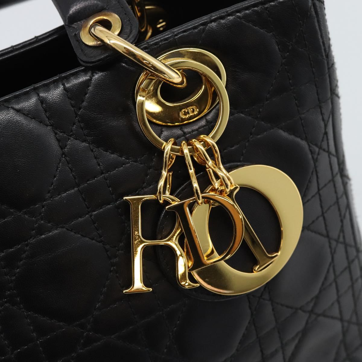 Christian Dior Lady Dior Hand Bag Lamb Skin Black Gold Auth 186836SAV