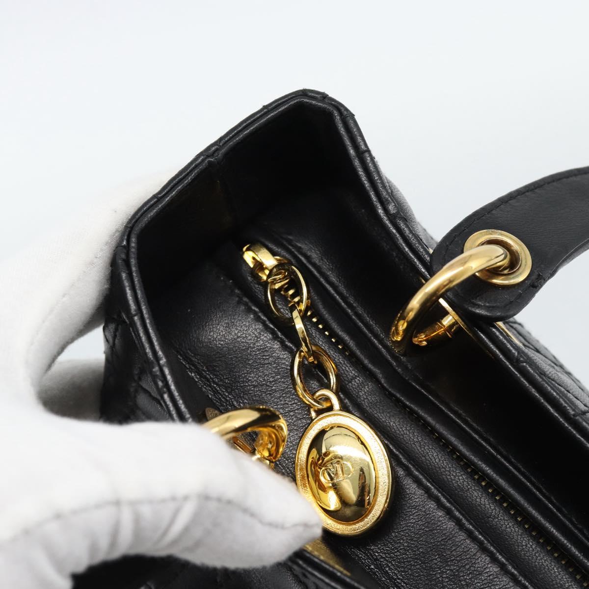 Christian Dior Lady Dior Hand Bag Lamb Skin Black Gold Auth 186836SAV
