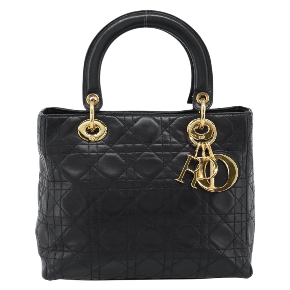 Christian Dior Lady Dior Hand Bag Lamb Skin Black Gold Auth 186836SAV