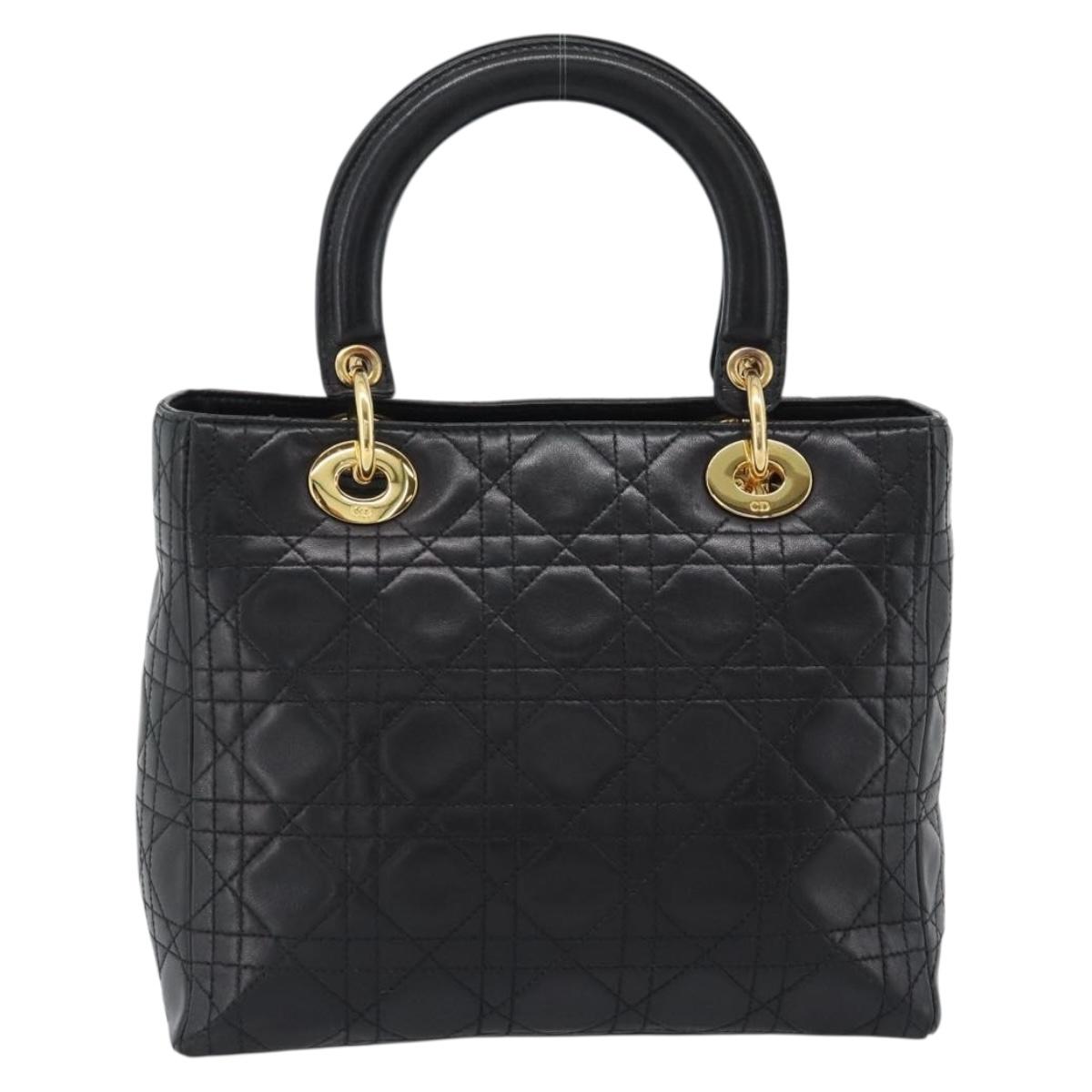 Christian Dior Lady Dior Hand Bag Lamb Skin Black Gold Auth 186836SAV