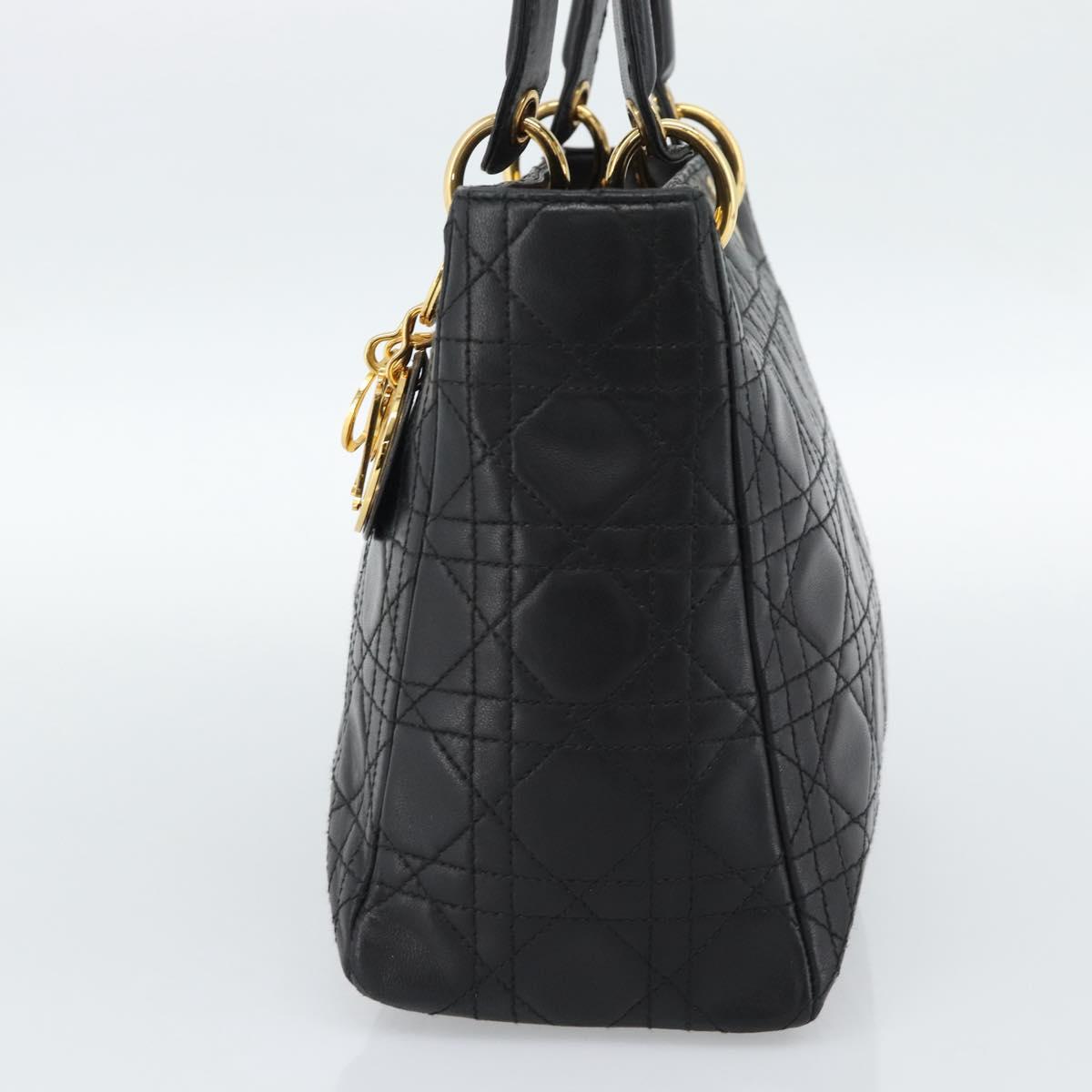 Christian Dior Lady Dior Hand Bag Lamb Skin Black Gold Auth 186836SAV