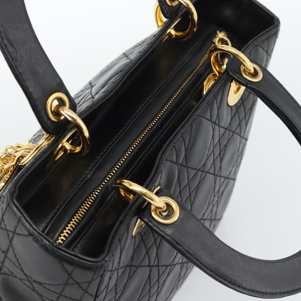 Christian Dior Lady Dior Hand Bag Lamb Skin Black Gold Auth 186836SAV