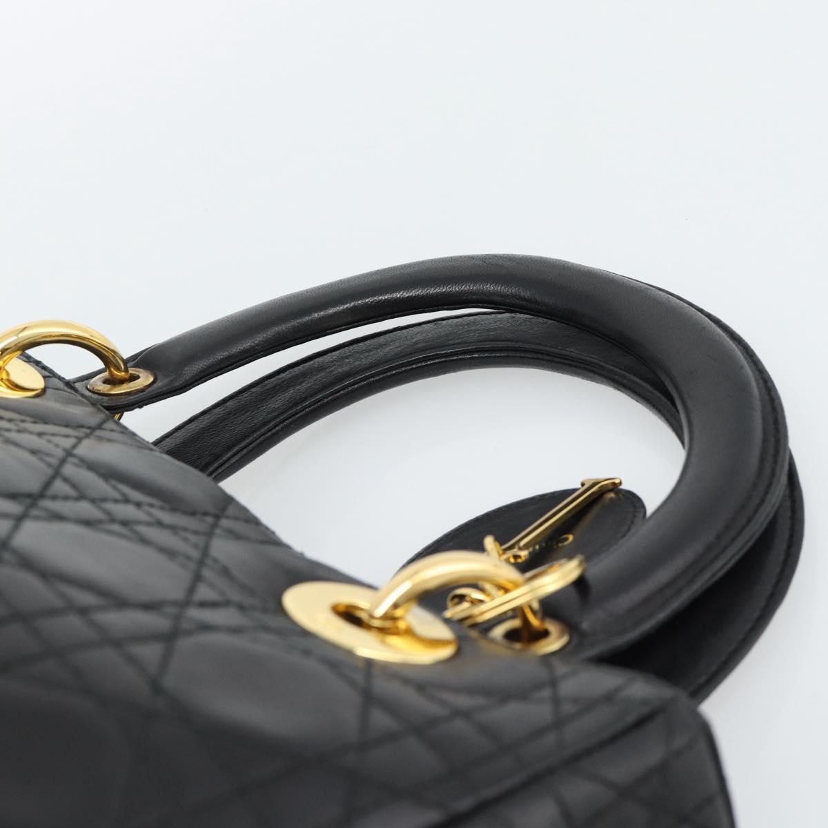 Christian Dior Lady Dior Hand Bag Lamb Skin Black Gold Auth 186836SAV