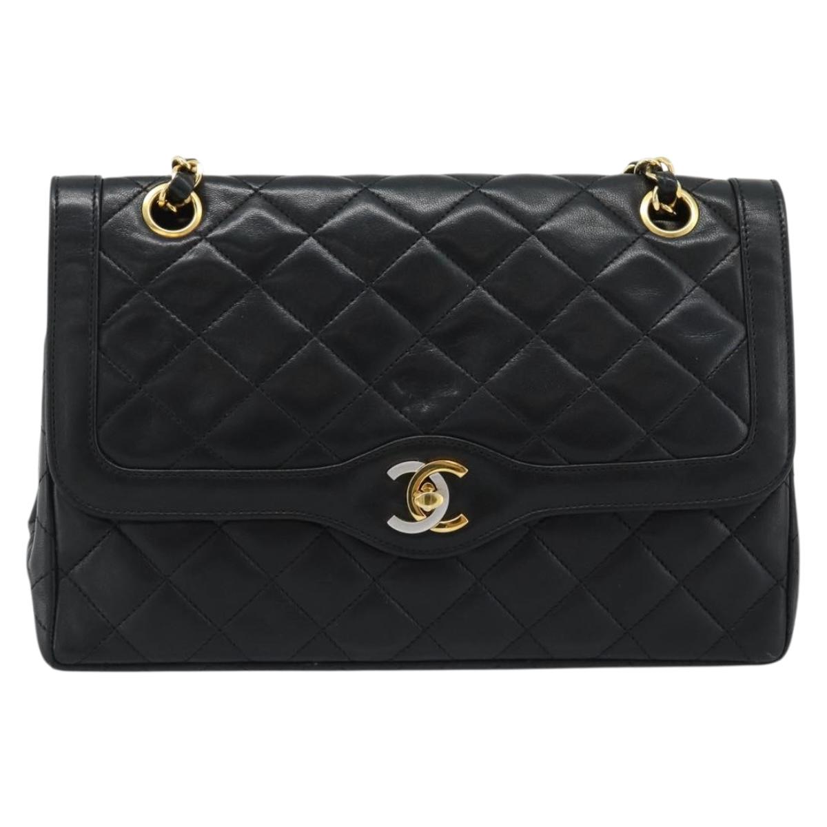 CHANEL Matelasse Chain Bag Lamb Skin Paris Limited Black Gold CC Auth 186838SAV