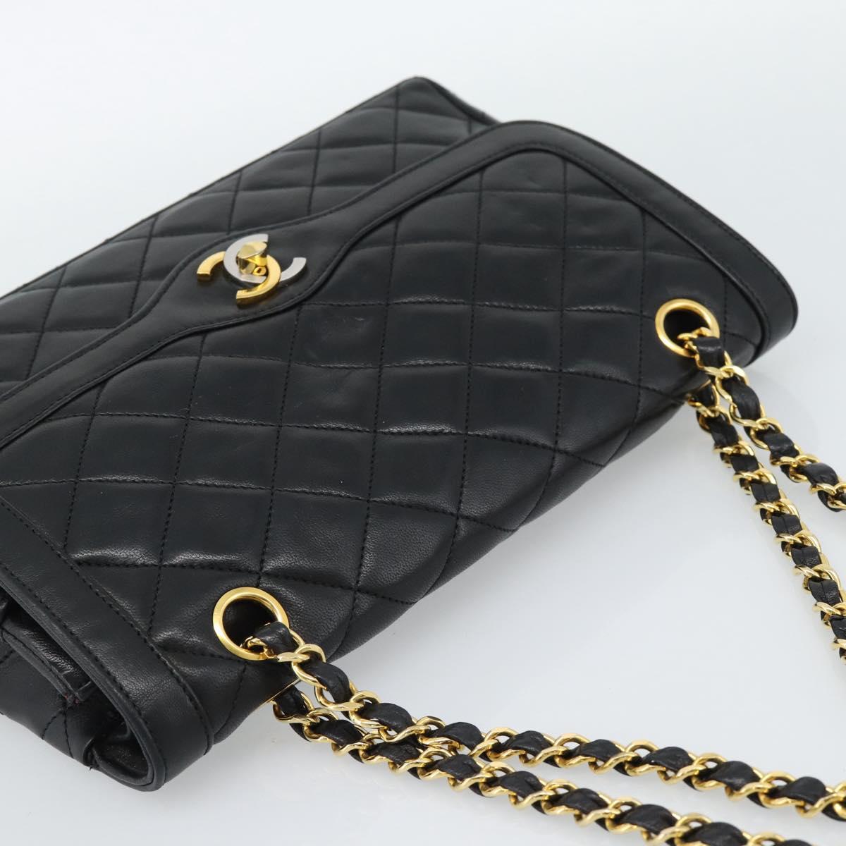 CHANEL Matelasse Chain Bag Lamb Skin Paris Limited Black Gold CC Auth 186838SAV