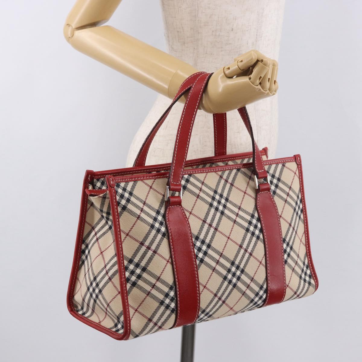 BURBERRY Nova Check Blue Label Hand Bag Canvas Beige Silver Auth 186841A