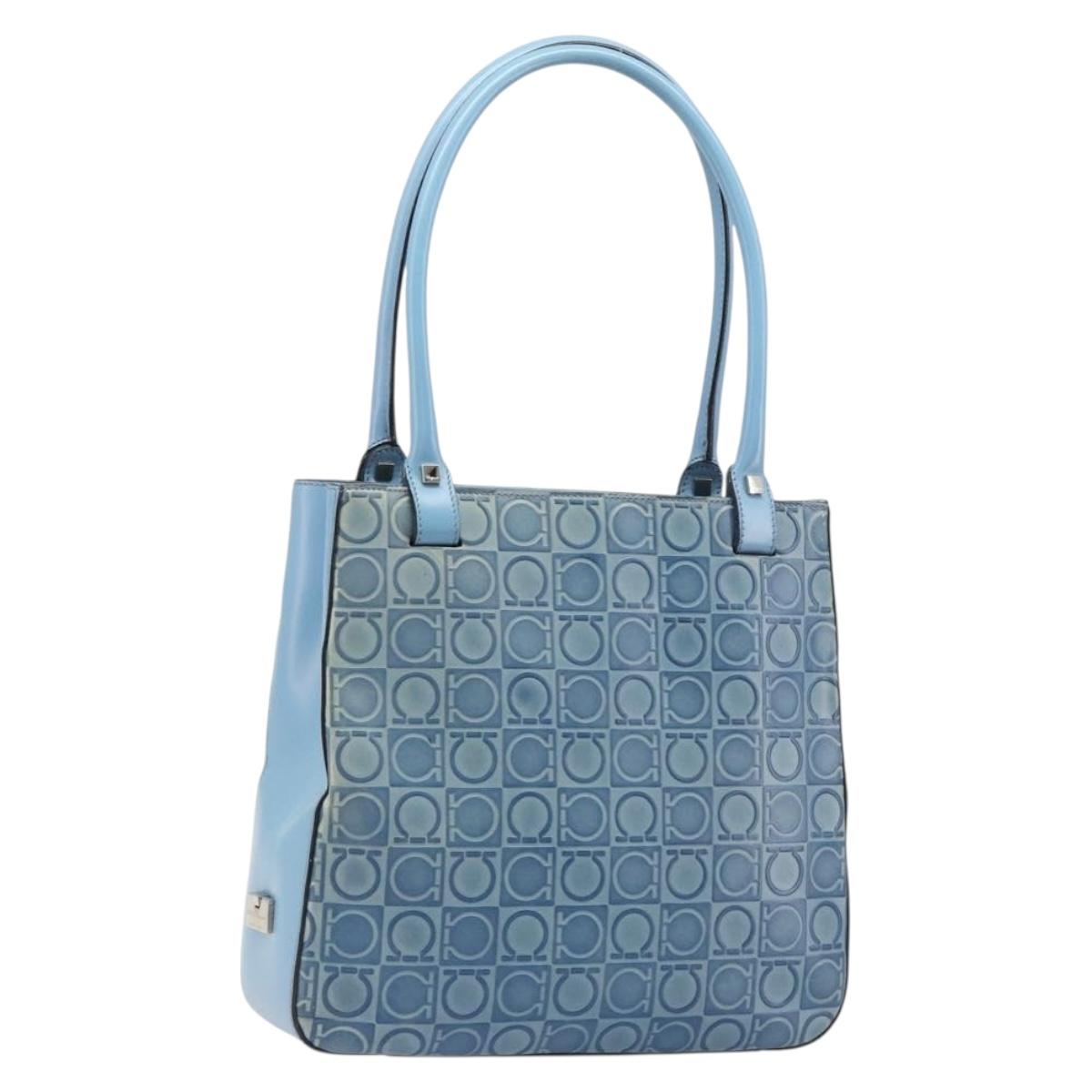 Salvatore Ferragamo Gancini Tote Bag Leather Blue Silver Auth 186850A