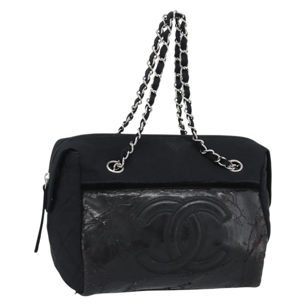 CHANEL Chain Shoulder Bag Canvas Black Silver CC Auth 186855