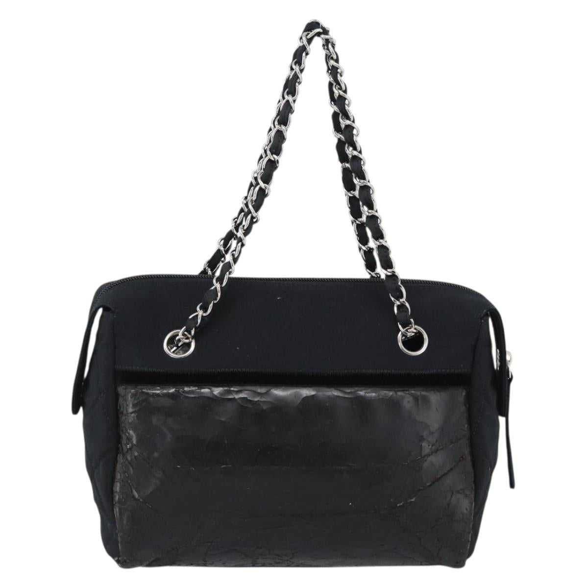 CHANEL Chain Shoulder Bag Canvas Black Silver CC Auth 186855