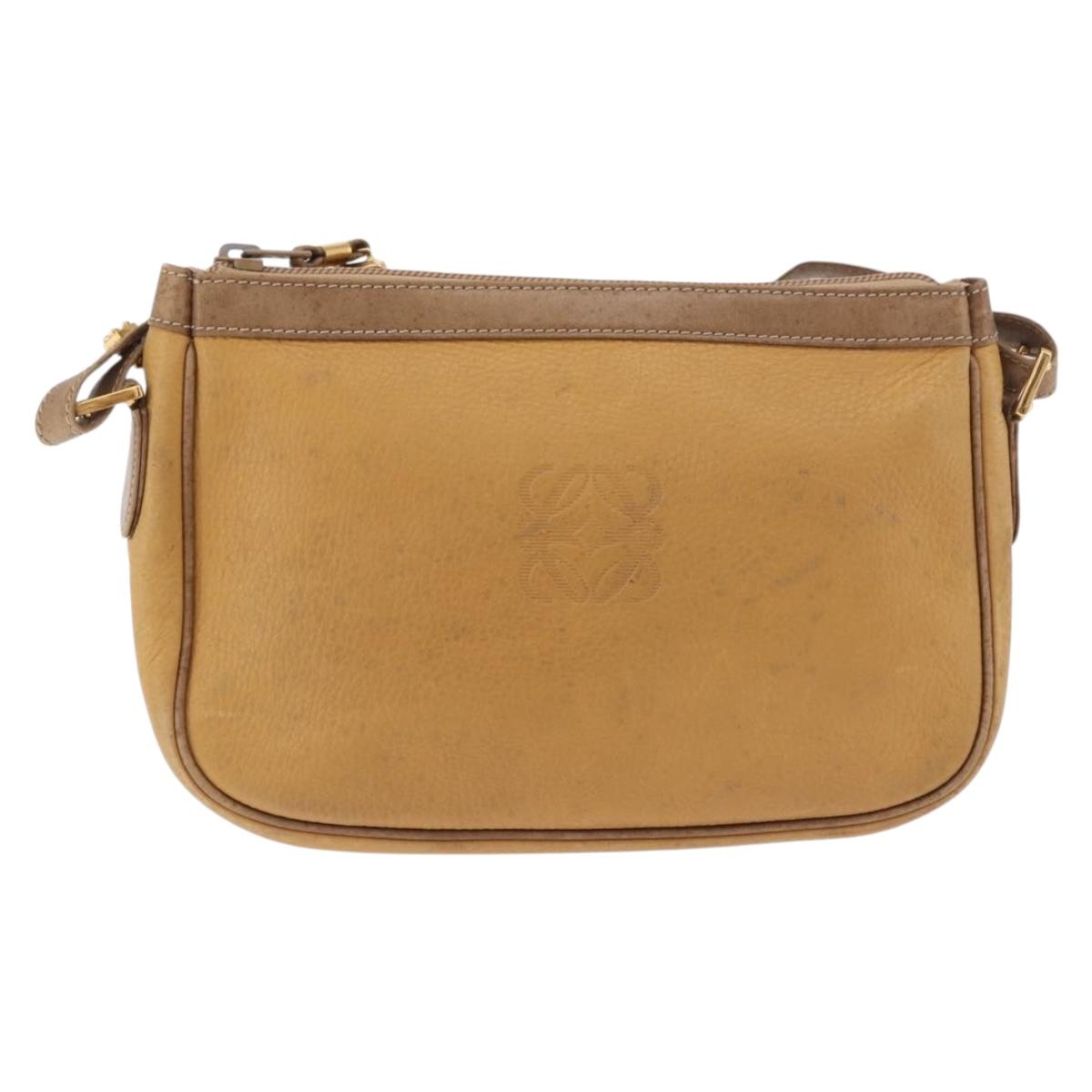 LOEWE Anagram Shoulder Bag Leather Beige Gold Auth 186856