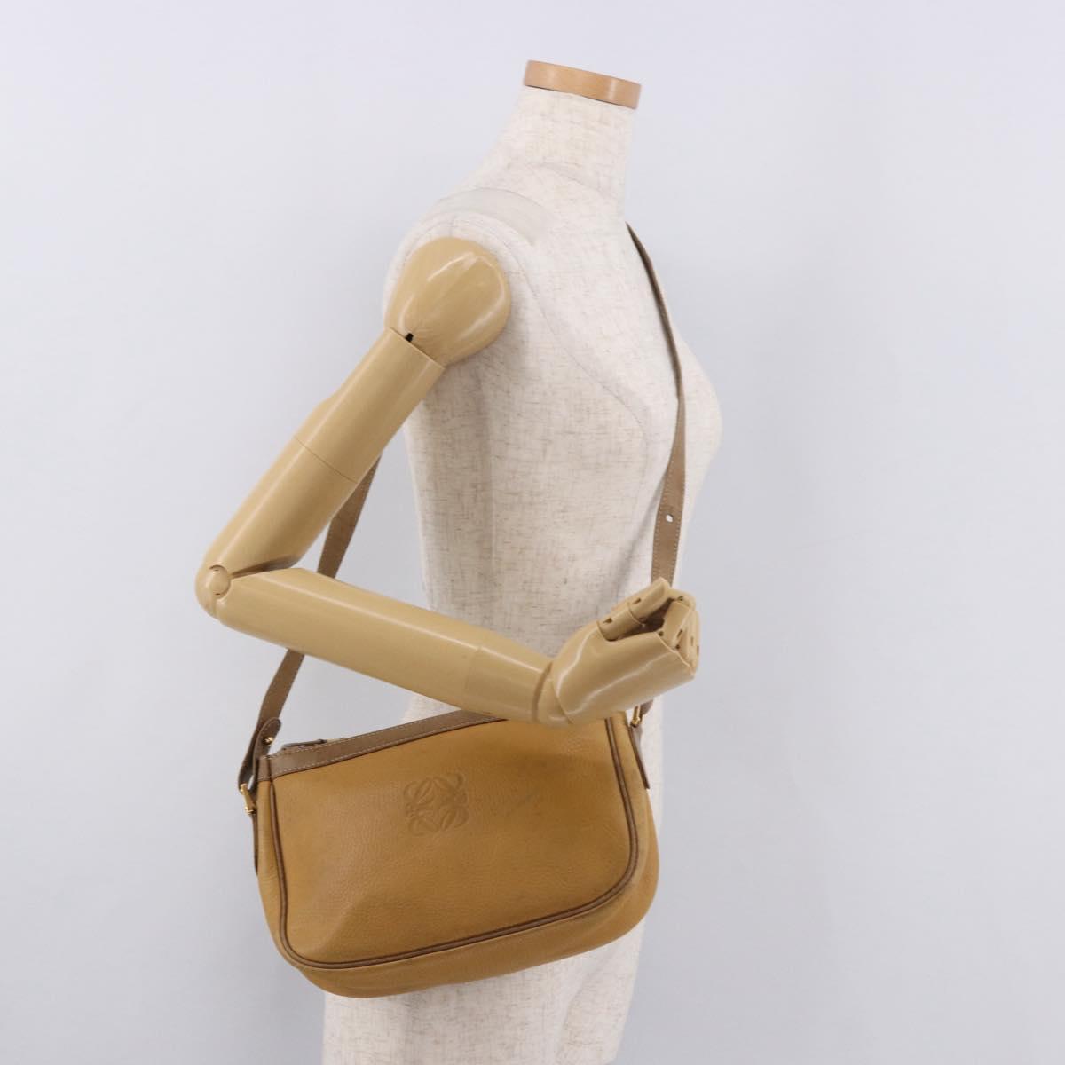 LOEWE Anagram Shoulder Bag Leather Beige Gold Auth 186856