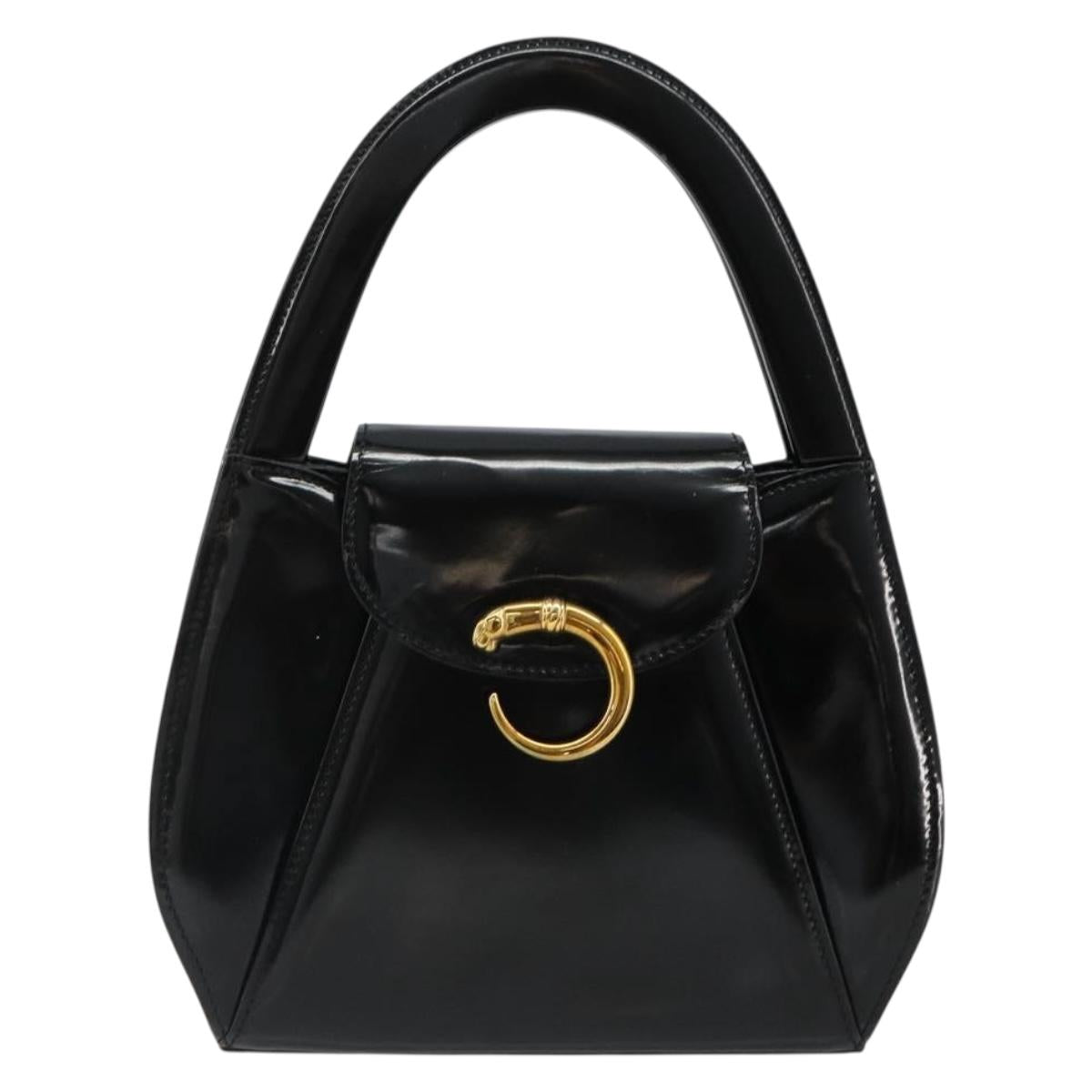 CARTIER PANTHERE Hand Bag Patent leather Black Silver Auth 186858A