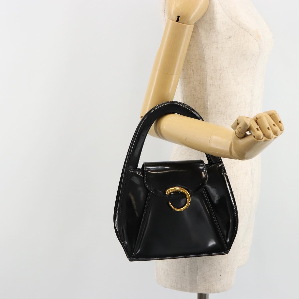CARTIER PANTHERE Hand Bag Patent leather Black Silver Auth 186858A