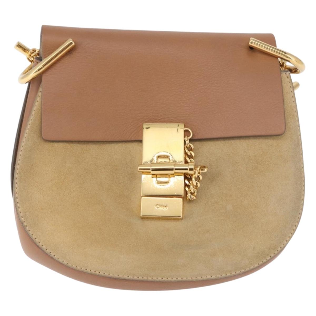 Chloe Drew Chain Shoulder Bag Suede Leather Beige Gold Auth 186862A