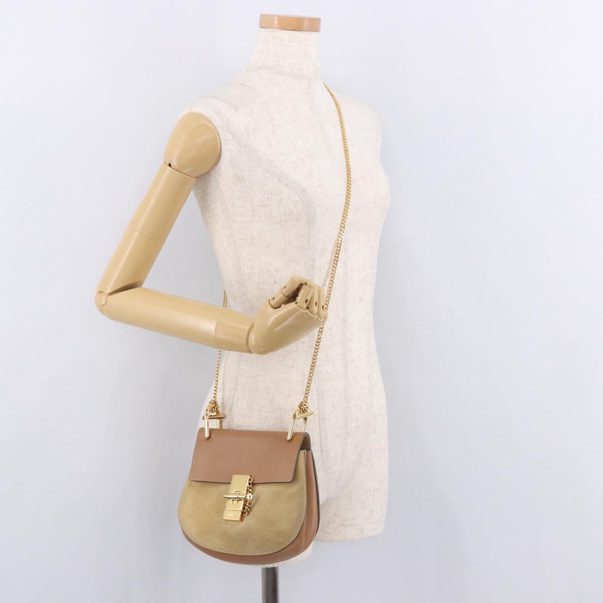 Chloe Drew Chain Shoulder Bag Suede Leather Beige Gold Auth 186862A