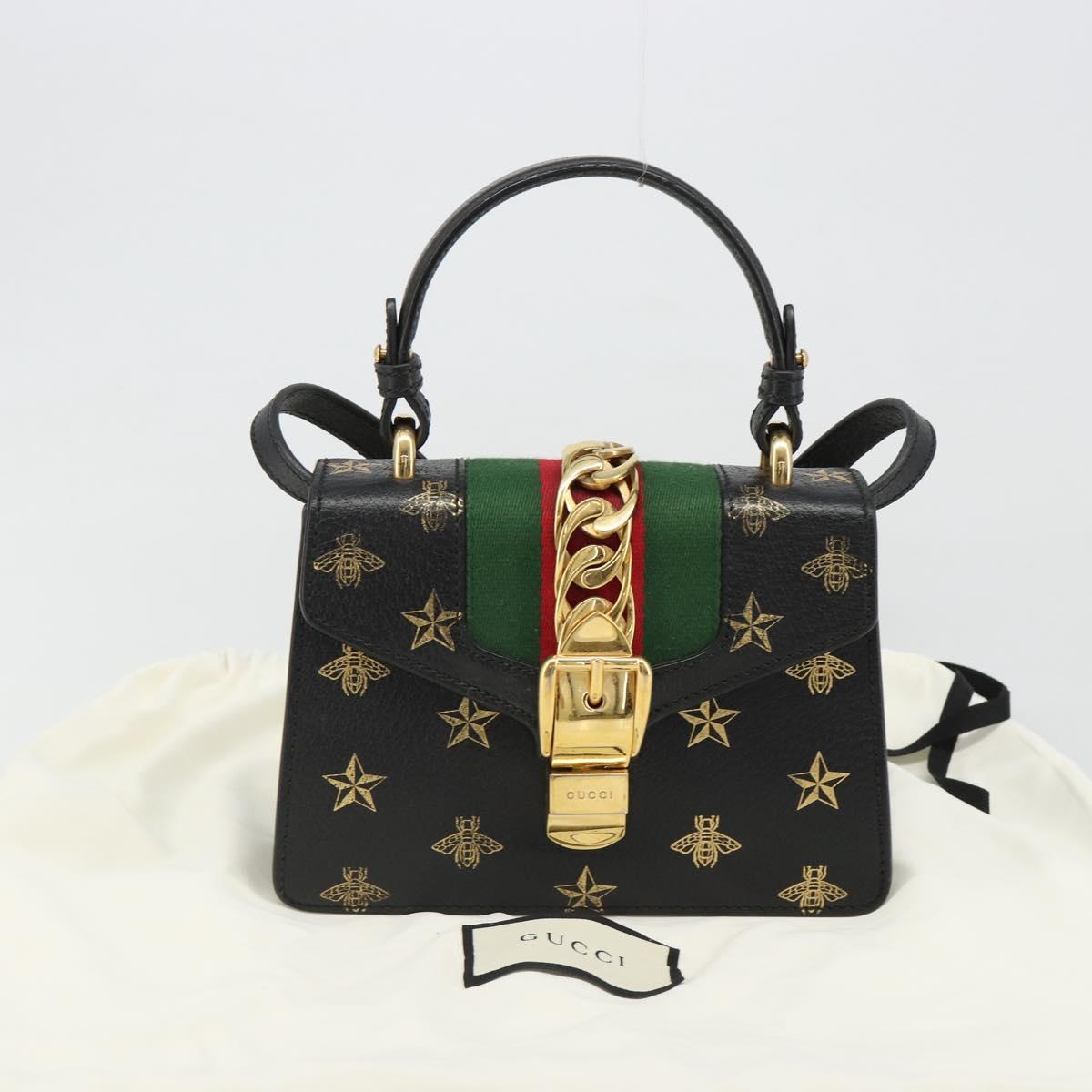 GUCCI Silvi Web Sherry Line Hand Bag Leather 2way Black Gold 470270 Auth 186865V