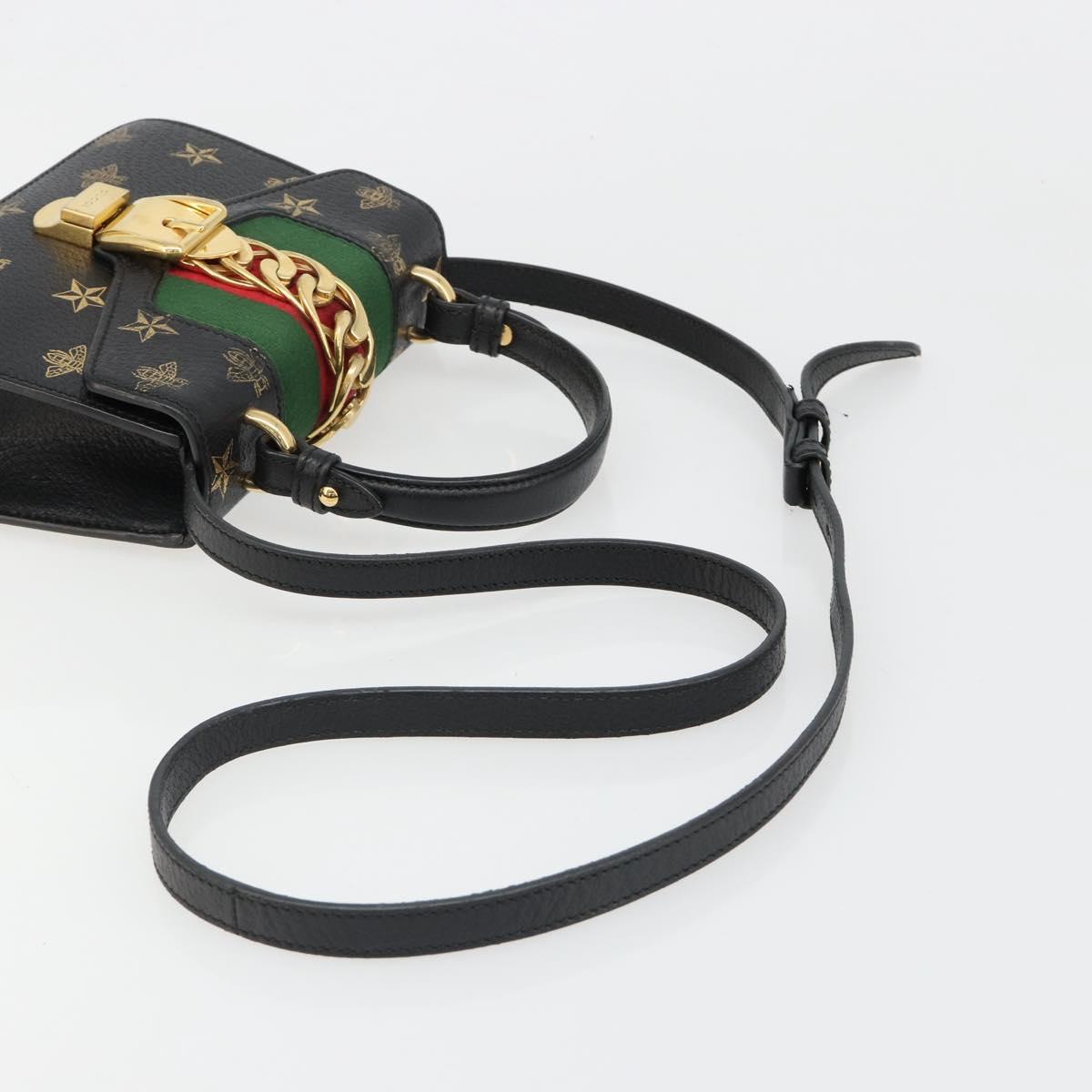 GUCCI Silvi Web Sherry Line Hand Bag Leather 2way Black Gold 470270 Auth 186865V
