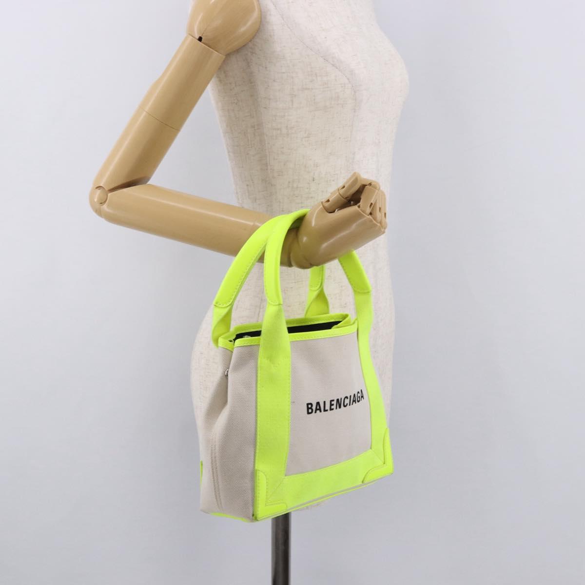 BALENCIAGA Navy Cabas XS Hand Bag Canvas Yellow Silver Auth 186872