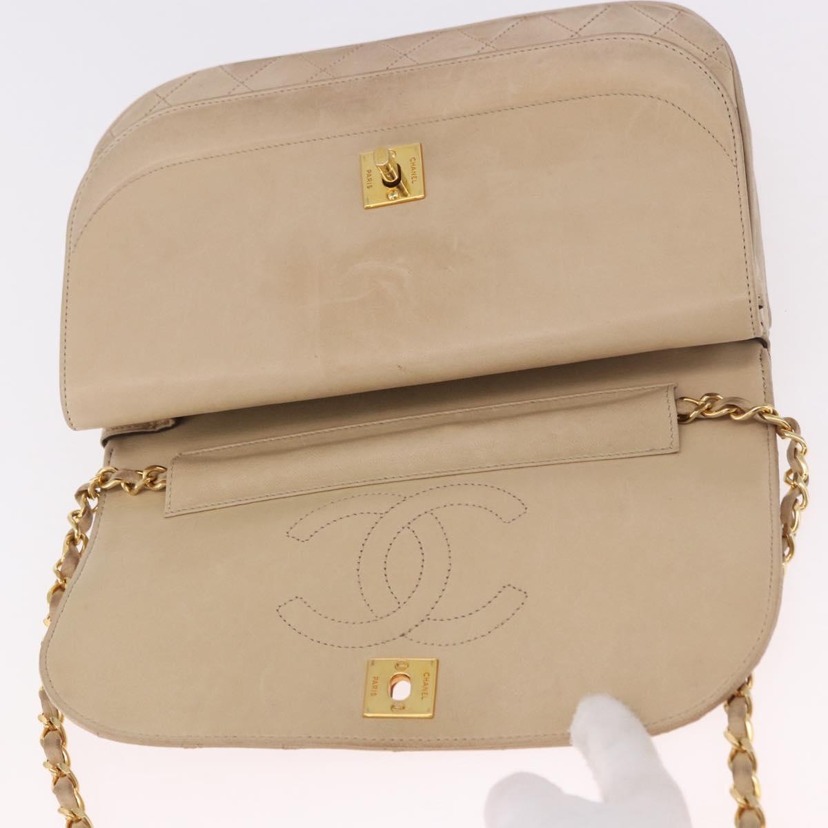 CHANEL Matelasse Chain Shoulder Bag Lamb Skin Beige Gold CC Auth 186875