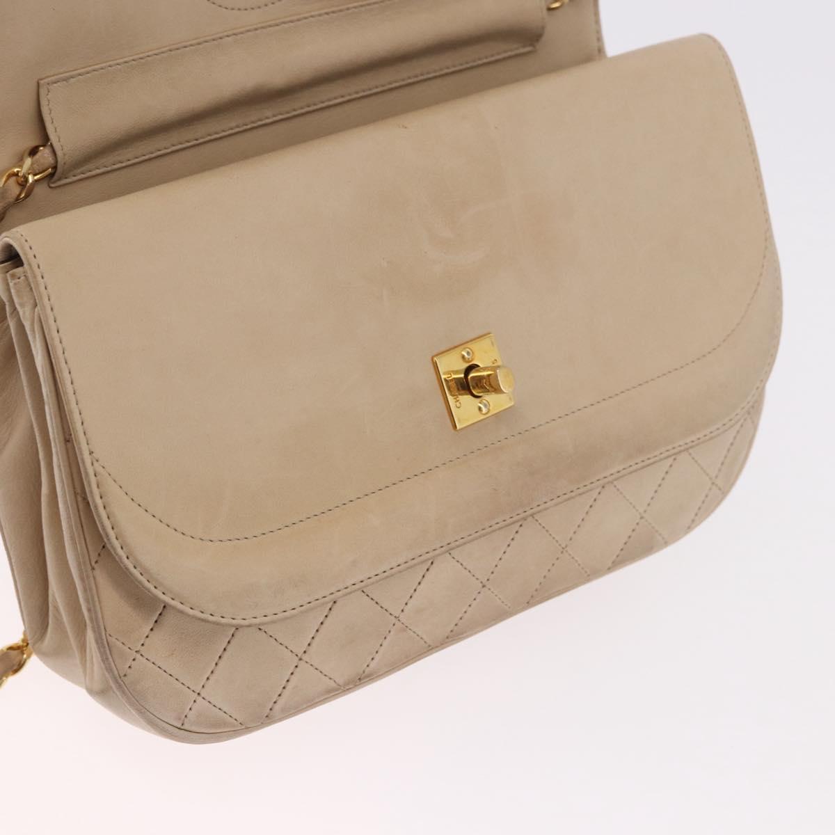 CHANEL Matelasse Chain Shoulder Bag Lamb Skin Beige Gold CC Auth 186875
