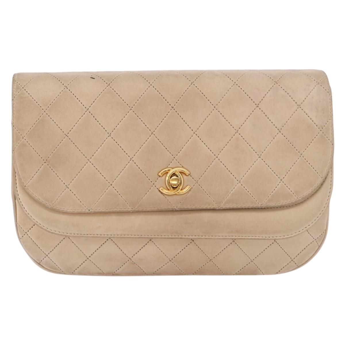 CHANEL Matelasse Chain Shoulder Bag Lamb Skin Beige Gold CC Auth 186875