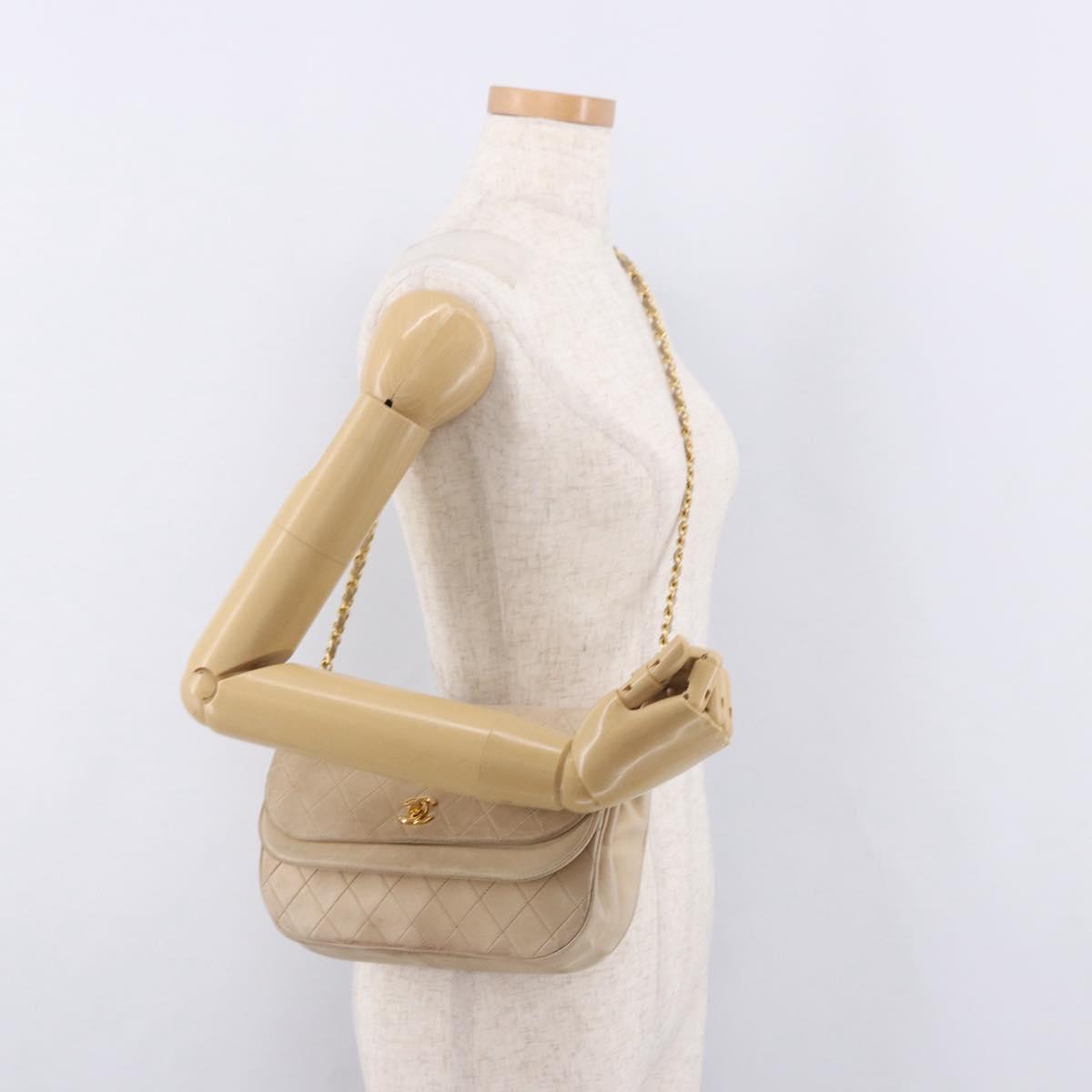 CHANEL Matelasse Chain Shoulder Bag Lamb Skin Beige Gold CC Auth 186875