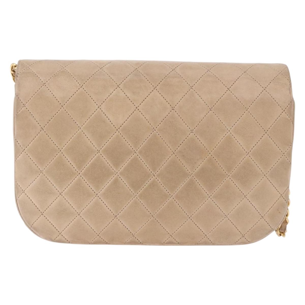 CHANEL Matelasse Chain Shoulder Bag Lamb Skin Beige Gold CC Auth 186875