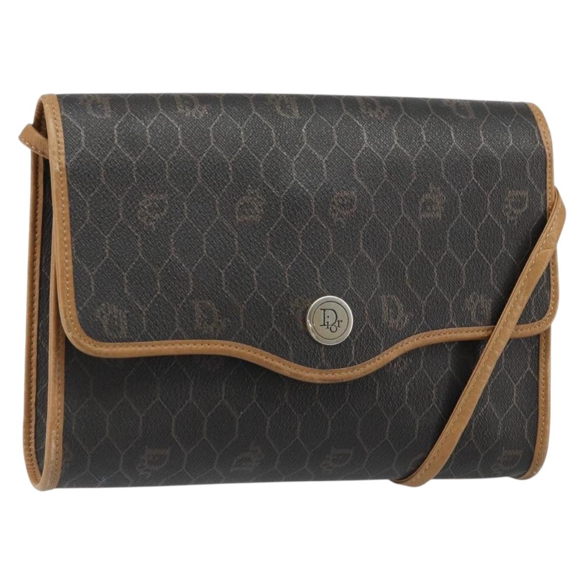 Christian Dior Honeycomb Canvas Shoulder Bag PVC Black Gold Auth 186880