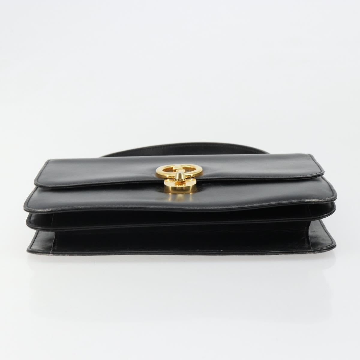 GUCCI Hand Bag Leather Black Gold Auth 186885