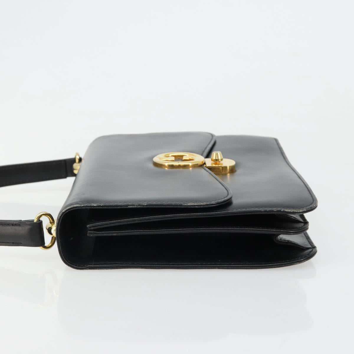 GUCCI Hand Bag Leather Black Gold Auth 186885