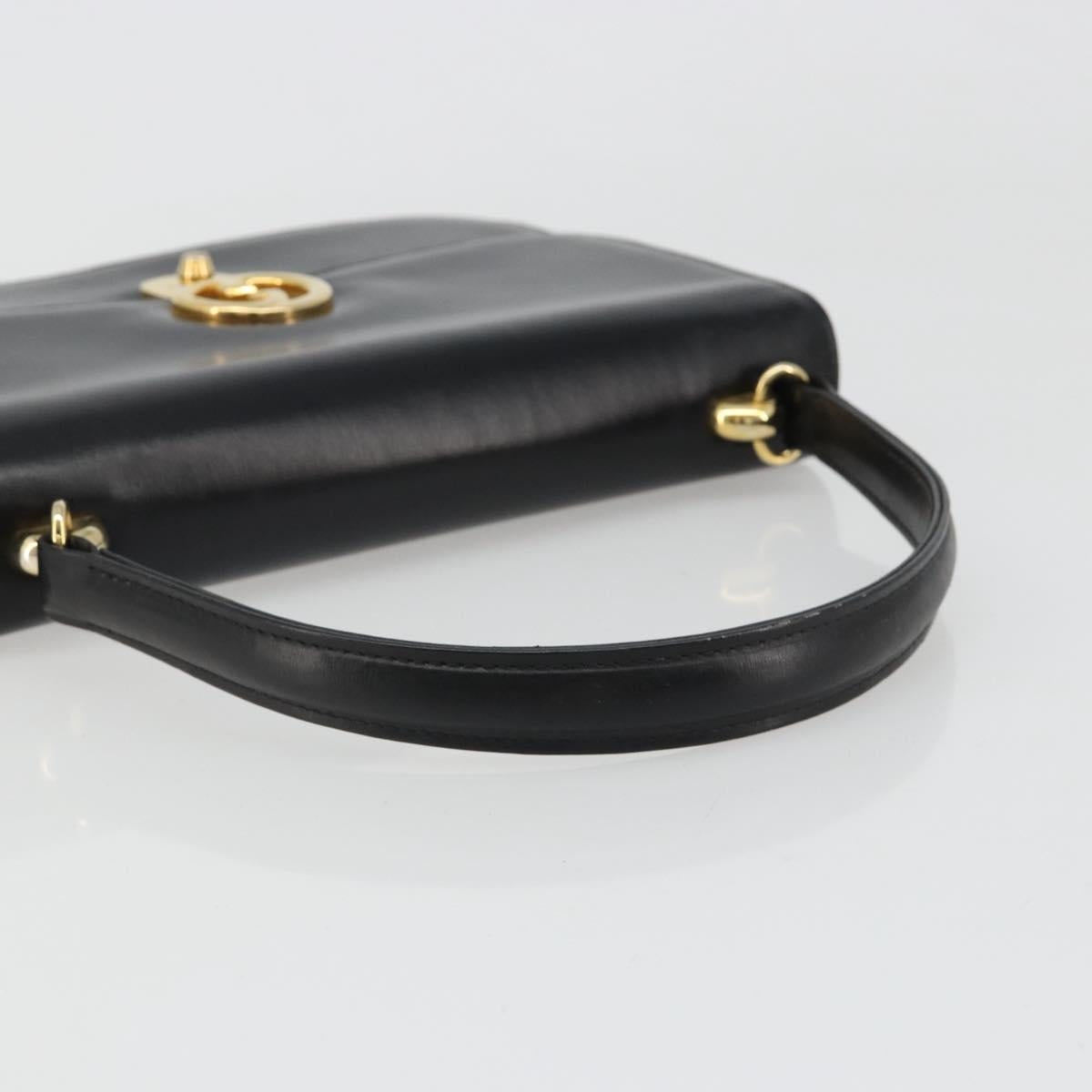 GUCCI Hand Bag Leather Black Gold Auth 186885