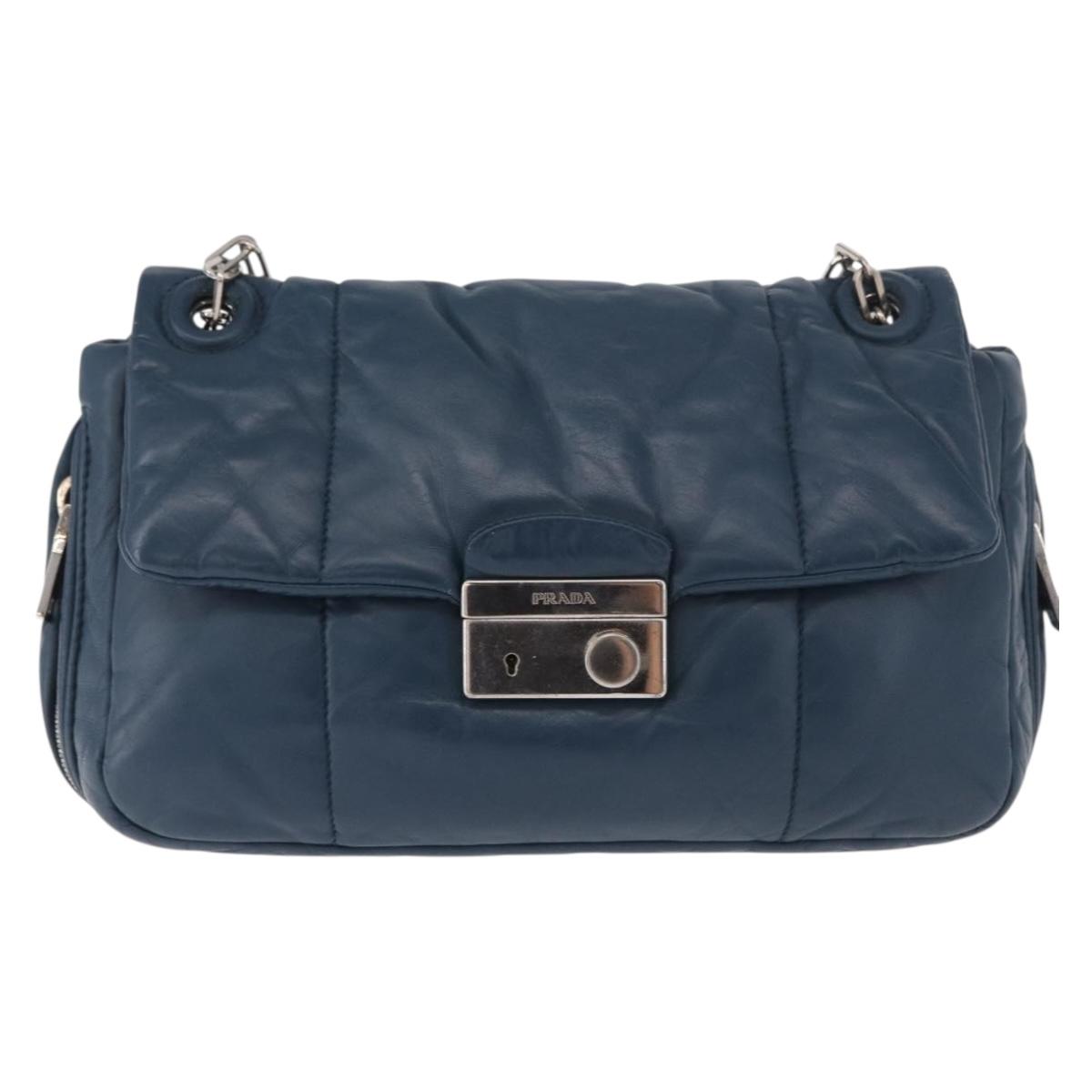 PRADA Chain Shoulder Bag Leather Blue Silver Auth 186890V