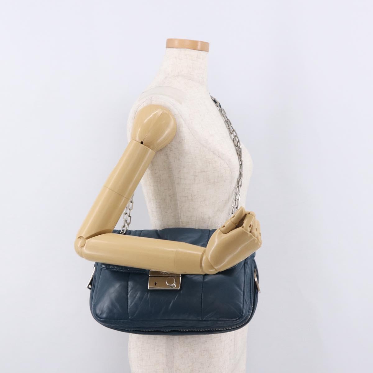PRADA Chain Shoulder Bag Leather Blue Silver Auth 186890V