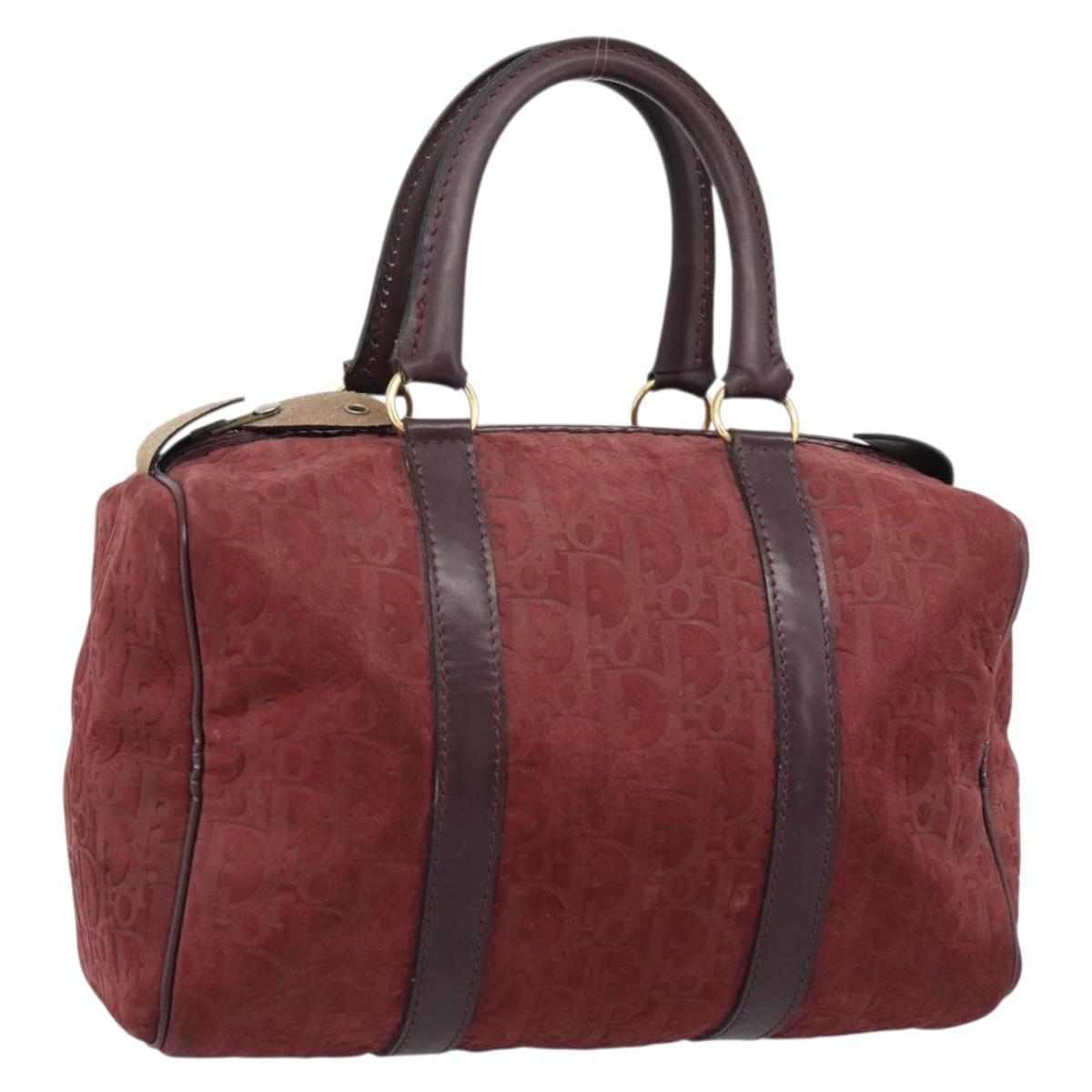 Christian Dior Trotter Canvas Boston Bag Suede Red Gold Auth 186895