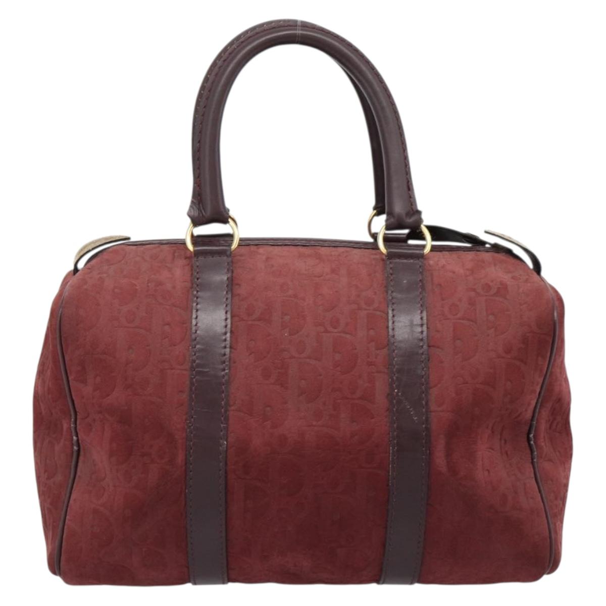 Christian Dior Trotter Canvas Boston Bag Suede Red Gold Auth 186895
