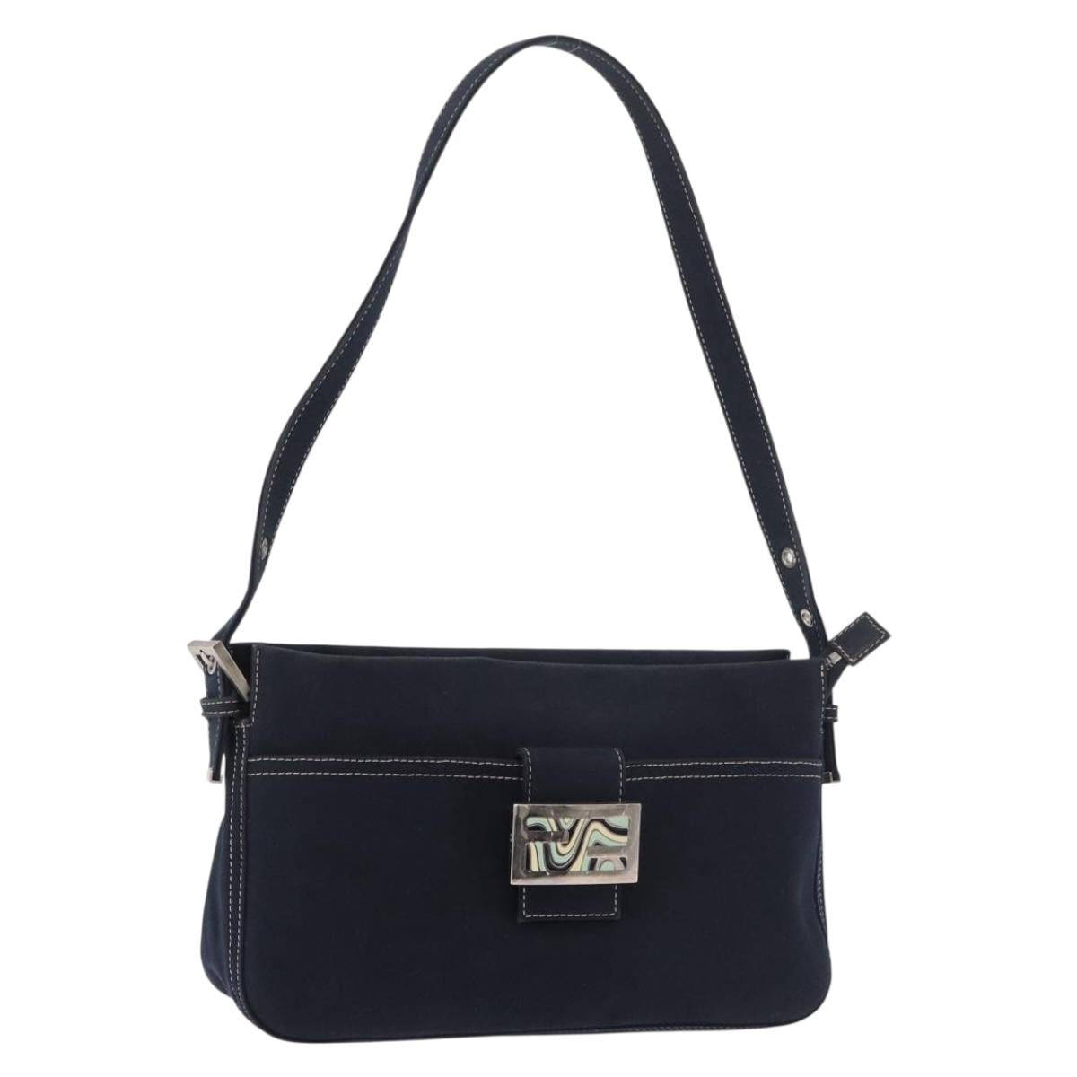 FENDI Mamma Baguette Shoulder Bag Canvas Navy Silver Auth 186897V