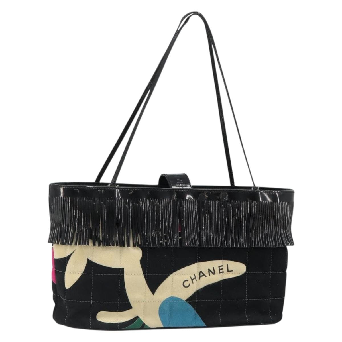 CHANEL Choco Bar Hand Bag Canvas Black Silver CC Auth 186899