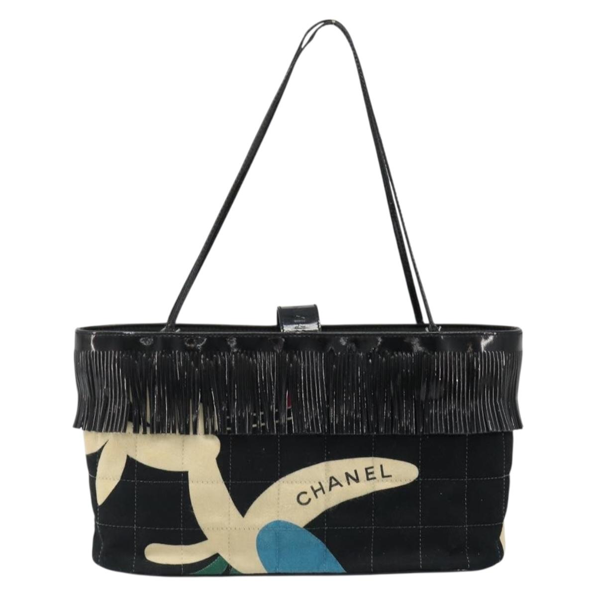 CHANEL Choco Bar Hand Bag Canvas Black Silver CC Auth 186899