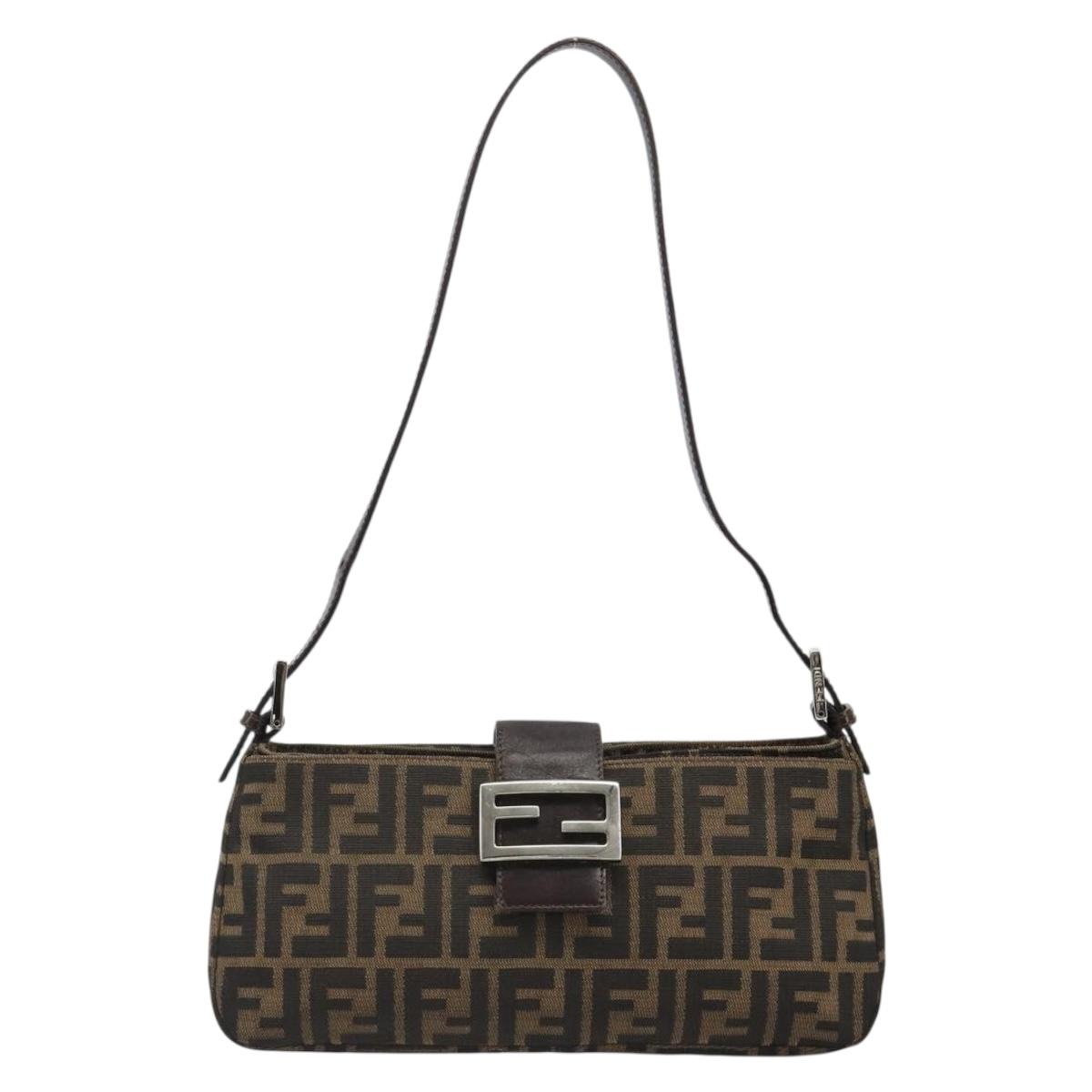 FENDI Zucca Canvas Mamma Baguette Shoulder Bag Black Brown Auth 186900SAM