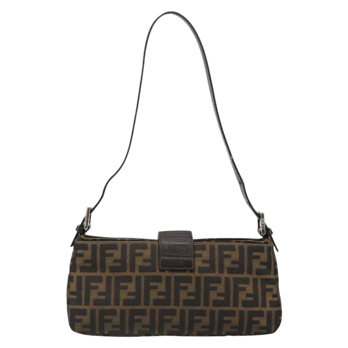 FENDI Zucca Canvas Mamma Baguette Shoulder Bag Black Brown Auth 186900SAM