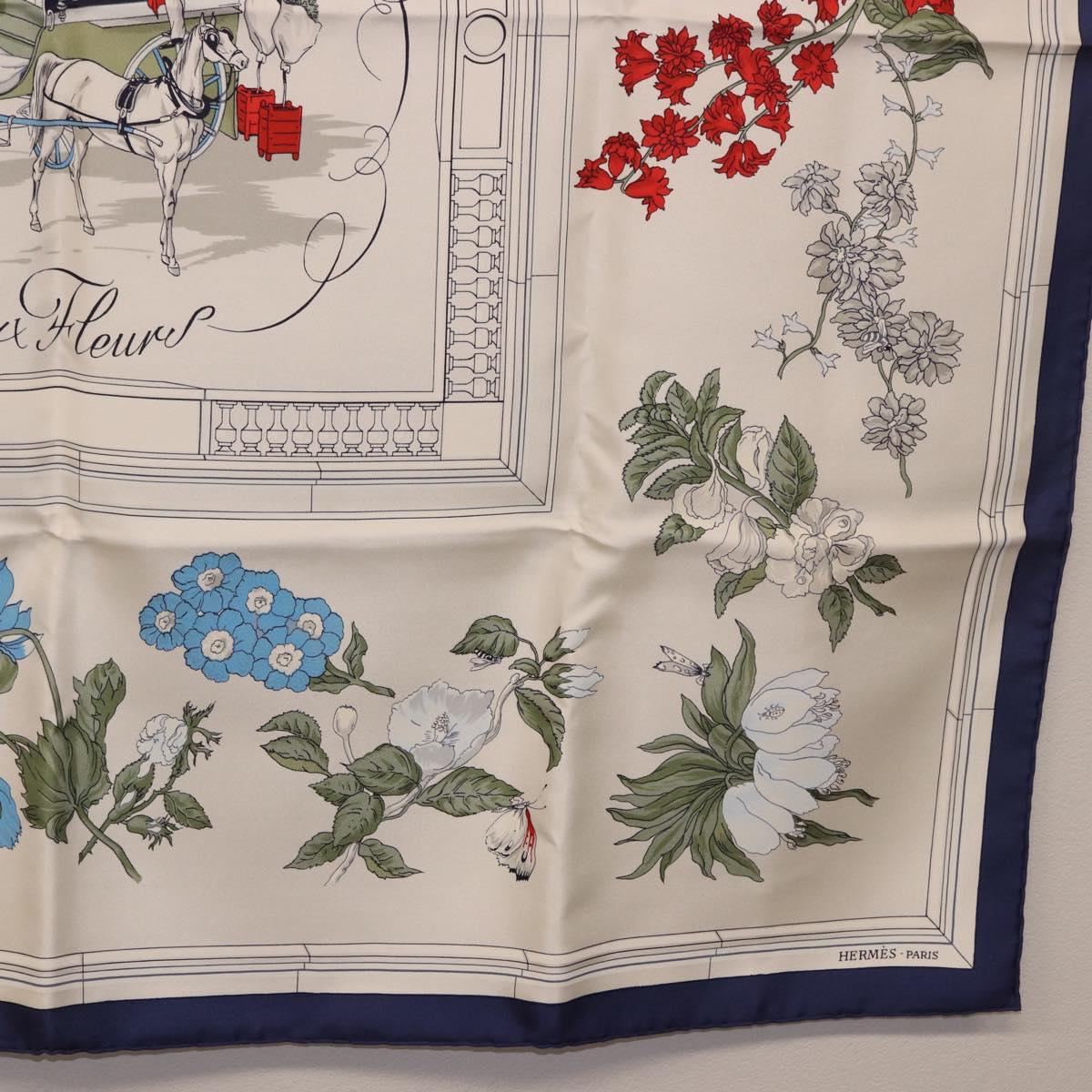 HERMES Carre 90 Scarf ""Quai aux Fleurs"" Silk Blue White Auth 186912M