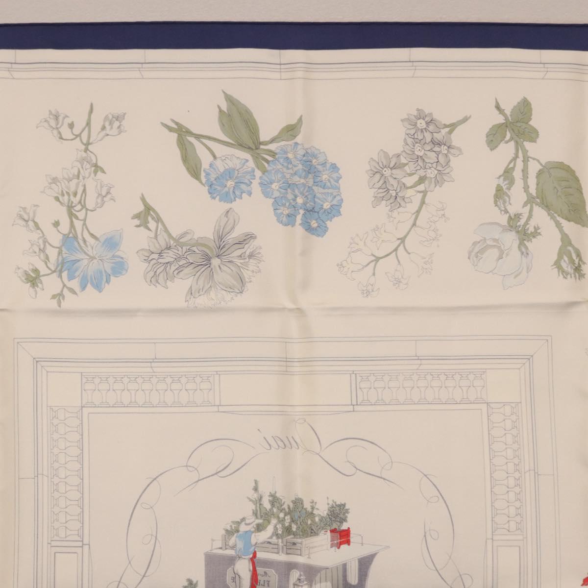 HERMES Carre 90 Scarf ""Quai aux Fleurs"" Silk Blue White Auth 186912M
