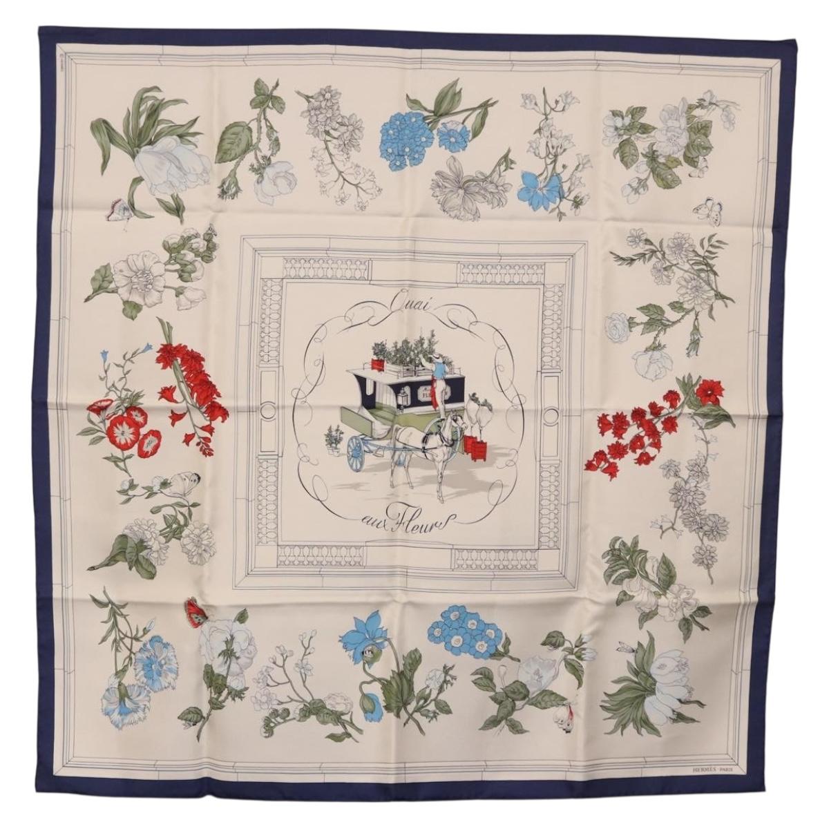 HERMES Carre 90 Scarf ""Quai aux Fleurs"" Silk Blue White Auth 186912M