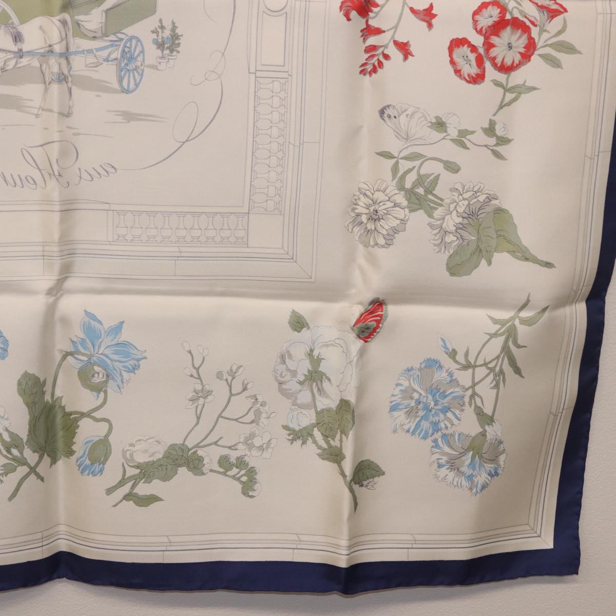 HERMES Carre 90 Scarf ""Quai aux Fleurs"" Silk Blue White Auth 186912M