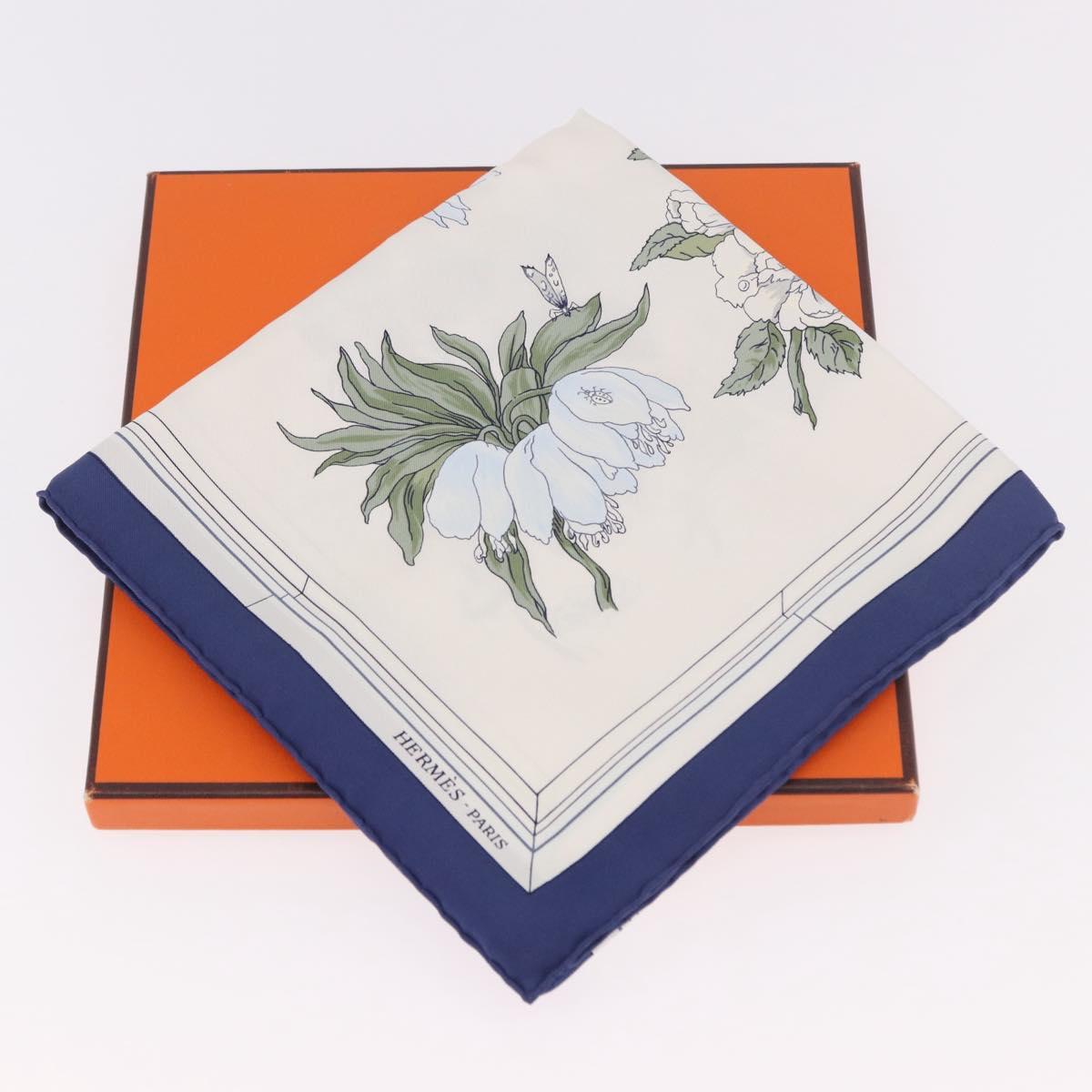 HERMES Carre 90 Scarf ""Quai aux Fleurs"" Silk Blue White Auth 186912M